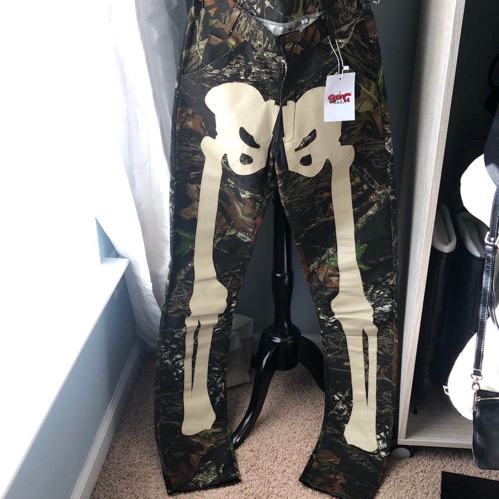 Seeing Dead People Biker Bones Bear Cave print pants